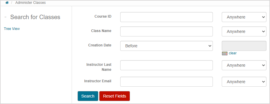 The Search for Classes pane contains the following fields: Course ID, Class Name, Creation Date, Instructor Last Name, and Instructor Email.